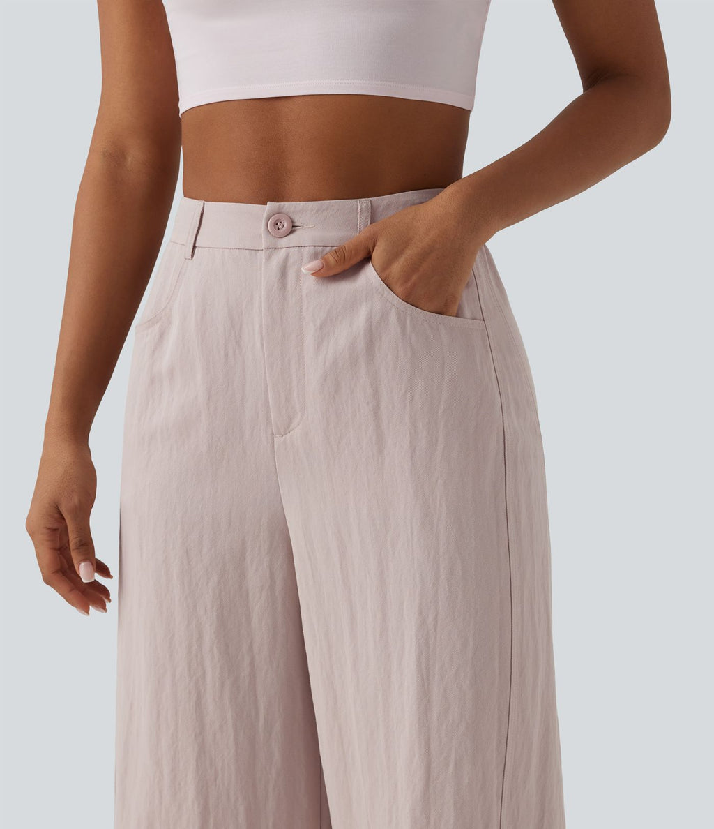 Pantalon large décontracté court taille haute avec poches