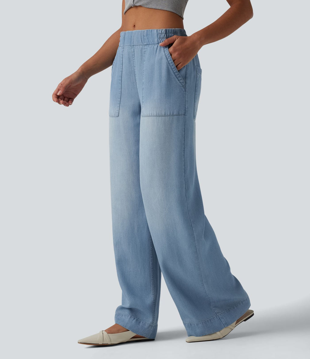 Jean large décontracté taille mi-haute en lyocell drapé avec poches