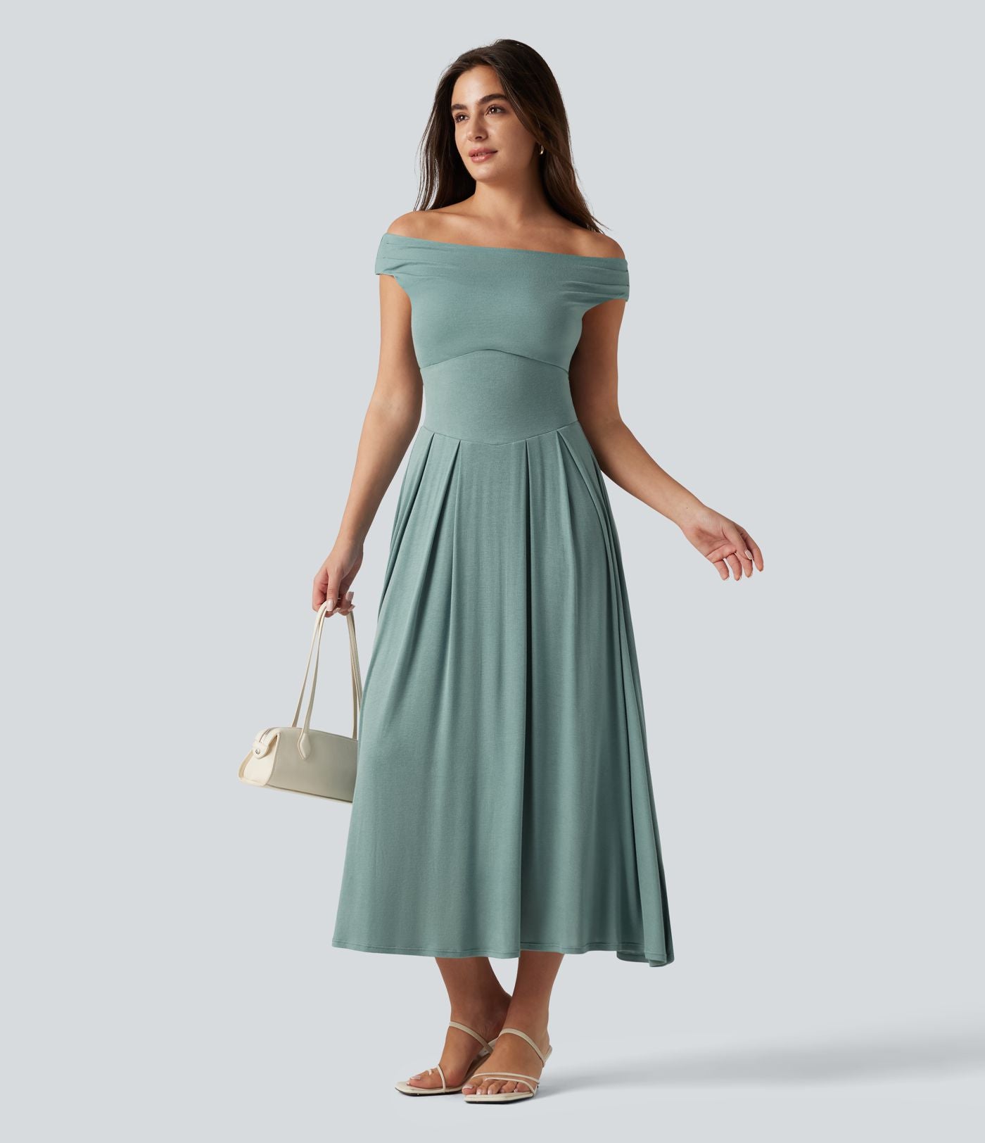 Robe midi casual fluide côtelée gainante à épaules dénudées