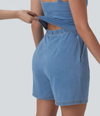 Halara Flex™ Combinaison short casual en denim sans manches à encolure carrée avec poches — Édition Easy Peasy