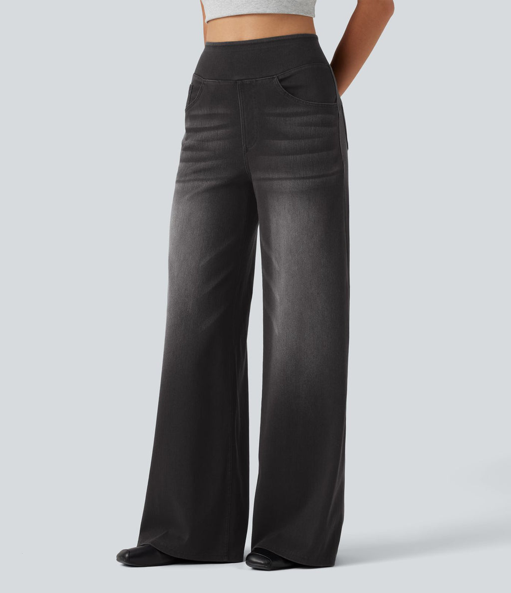 Jean décontracté Halara Flex™ large taille haute effet délavé avec poches