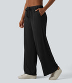 Pantalon large casual en maille côtelée extensible taille mi-haute avec cordon de serrage et poches