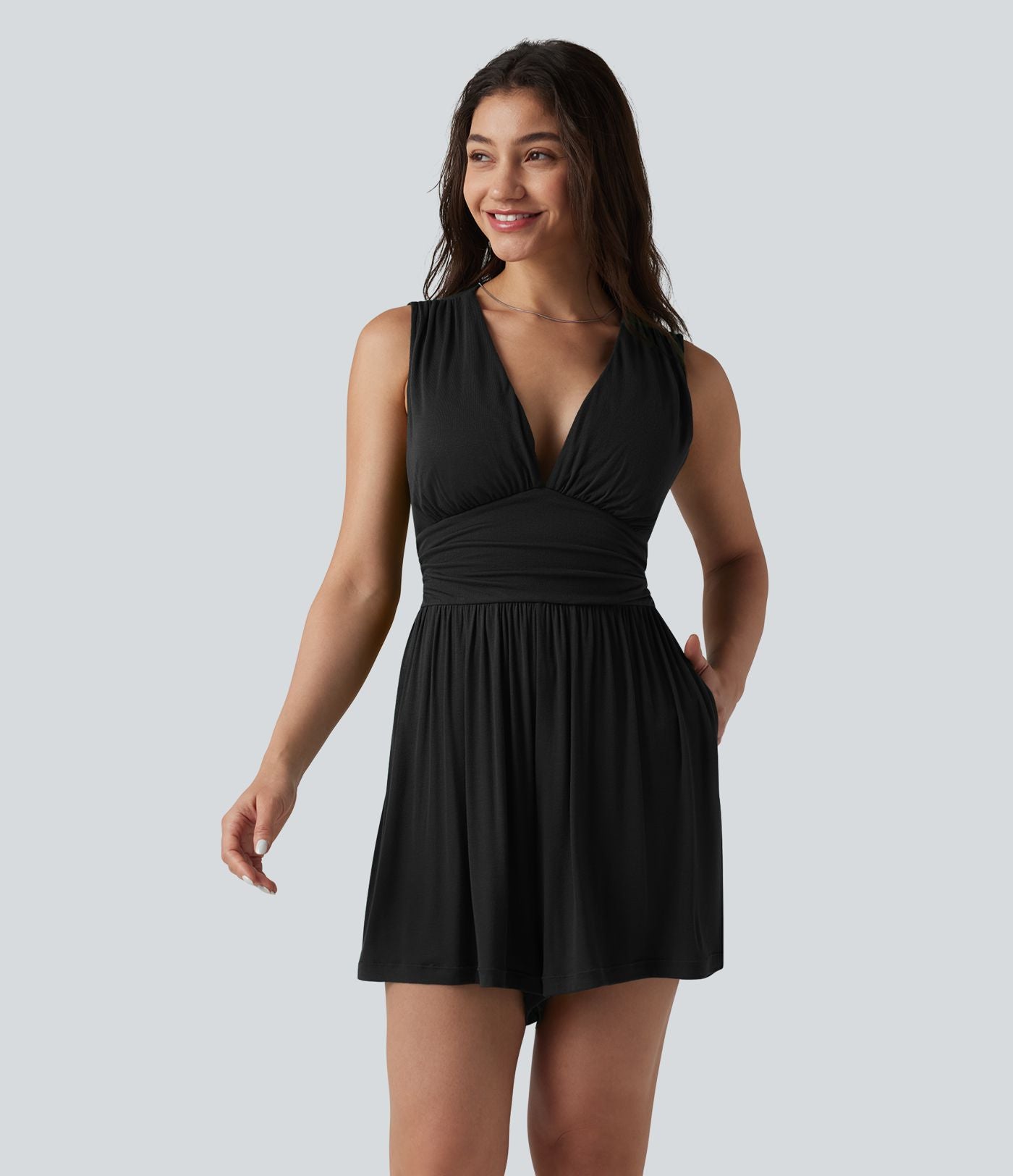 Combishort casual côtelé sans manches col V, fronces et soutien-gorge intégré, avec poches – Easy Peasy