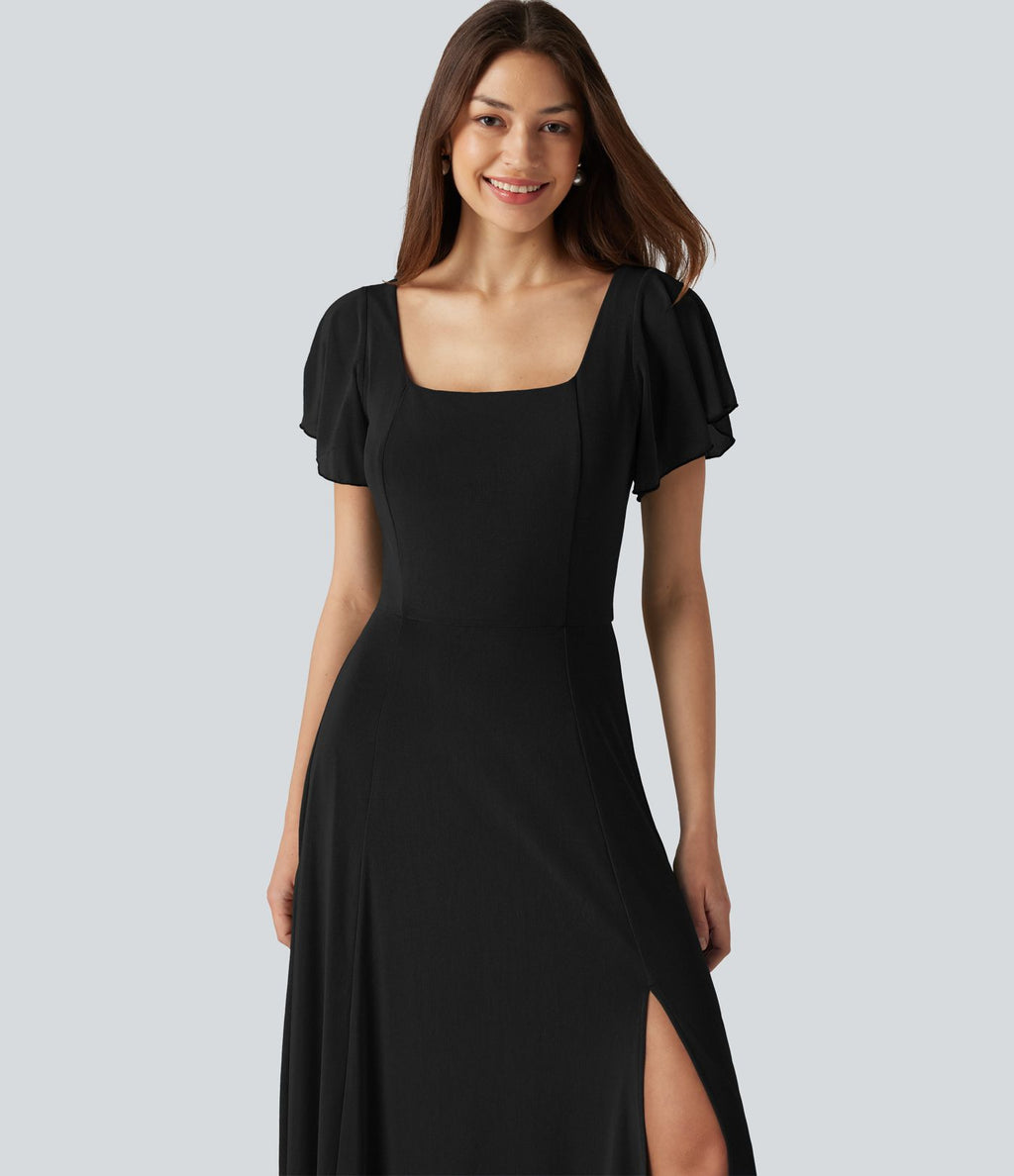 Robe maxi fluide col carré manches courtes soutien-gorge intégré dos noué