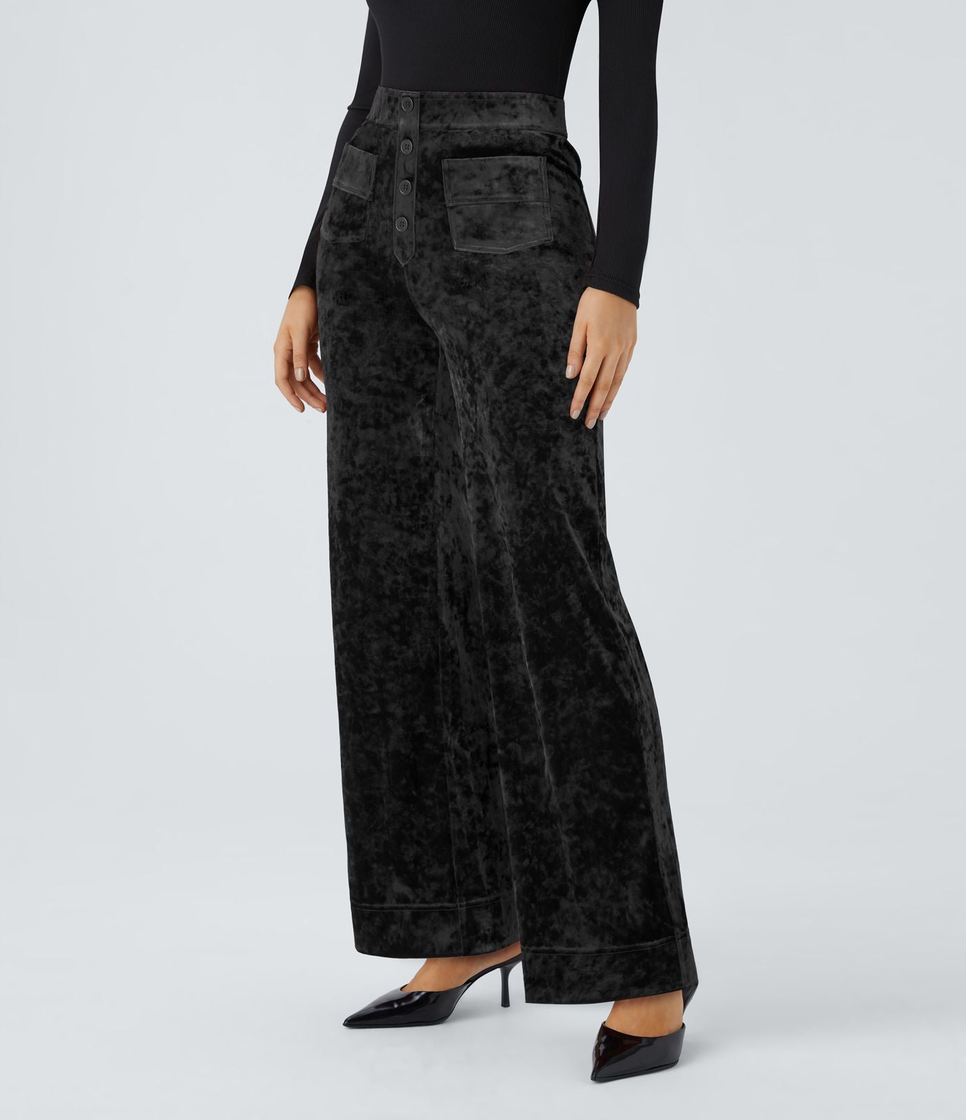Pantalon en Velours Taille Haute avec Bouton Multipoches Droites