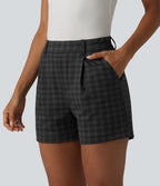 Short tailleur droit à carreaux taille haute avec poches