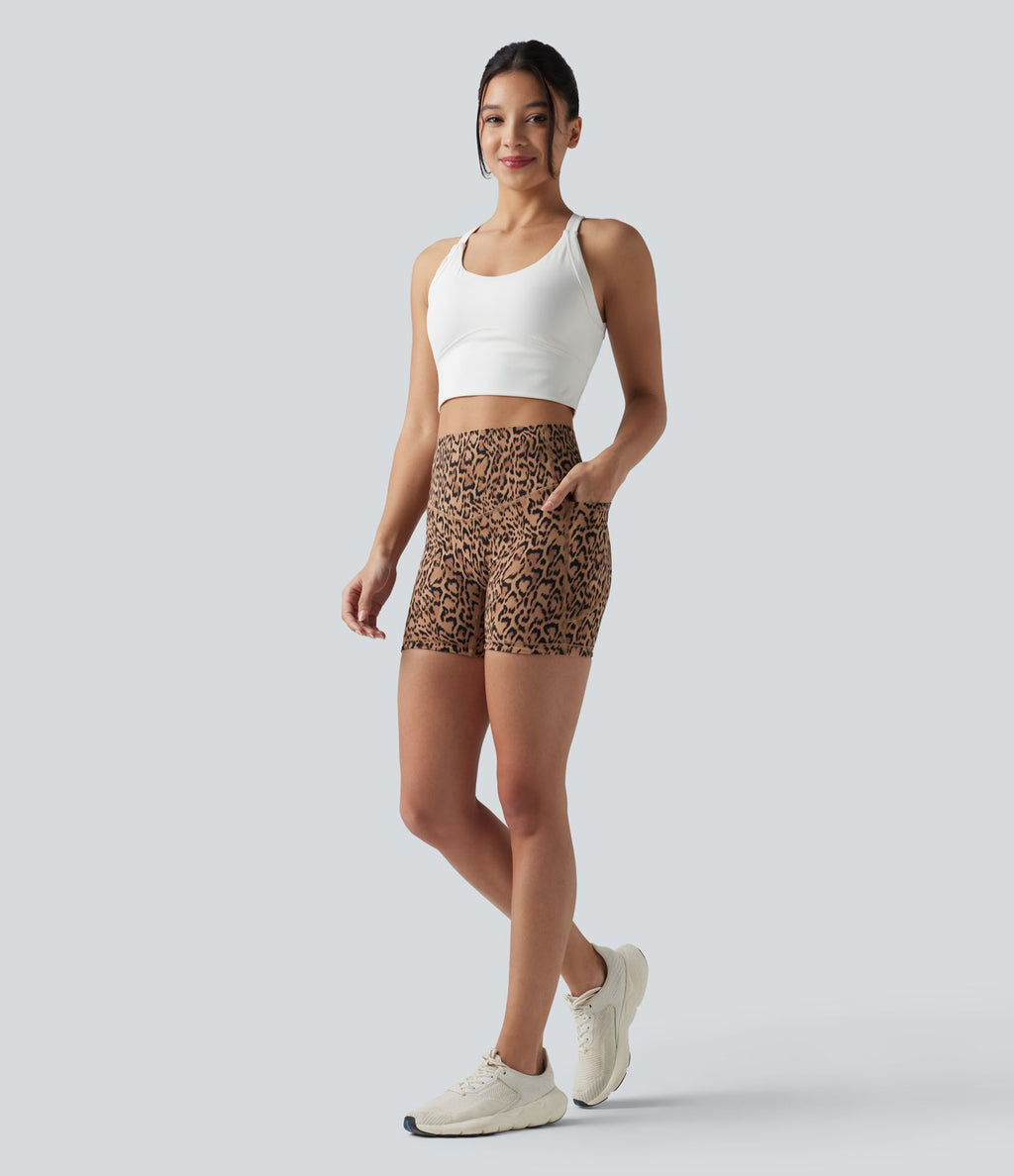 Short cycliste d'entraînement Halara UltraSculpt™ taille haute gainant imprimé léopard 12,5 cm avec poches