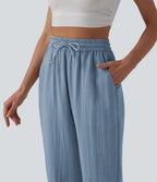 Jogging casual large ample taille haute aspect lin à cordon de serrage avec poches