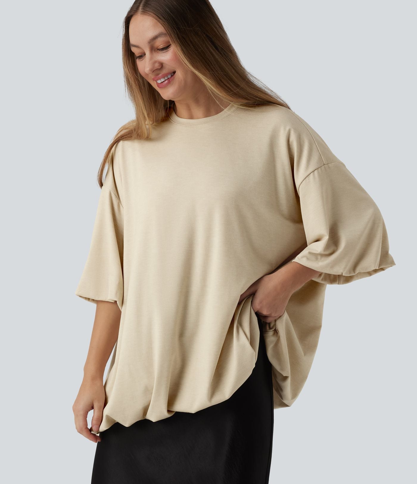Top casual oversize col rond à manches mi-longues et ourlet boule