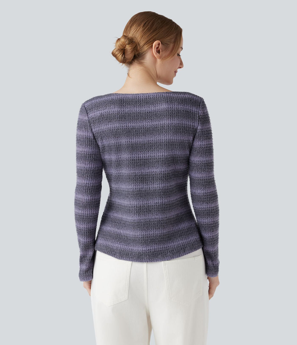 T-shirt tricoté décolleté rond à manches longues en maille gaufrée à rayures dégradées