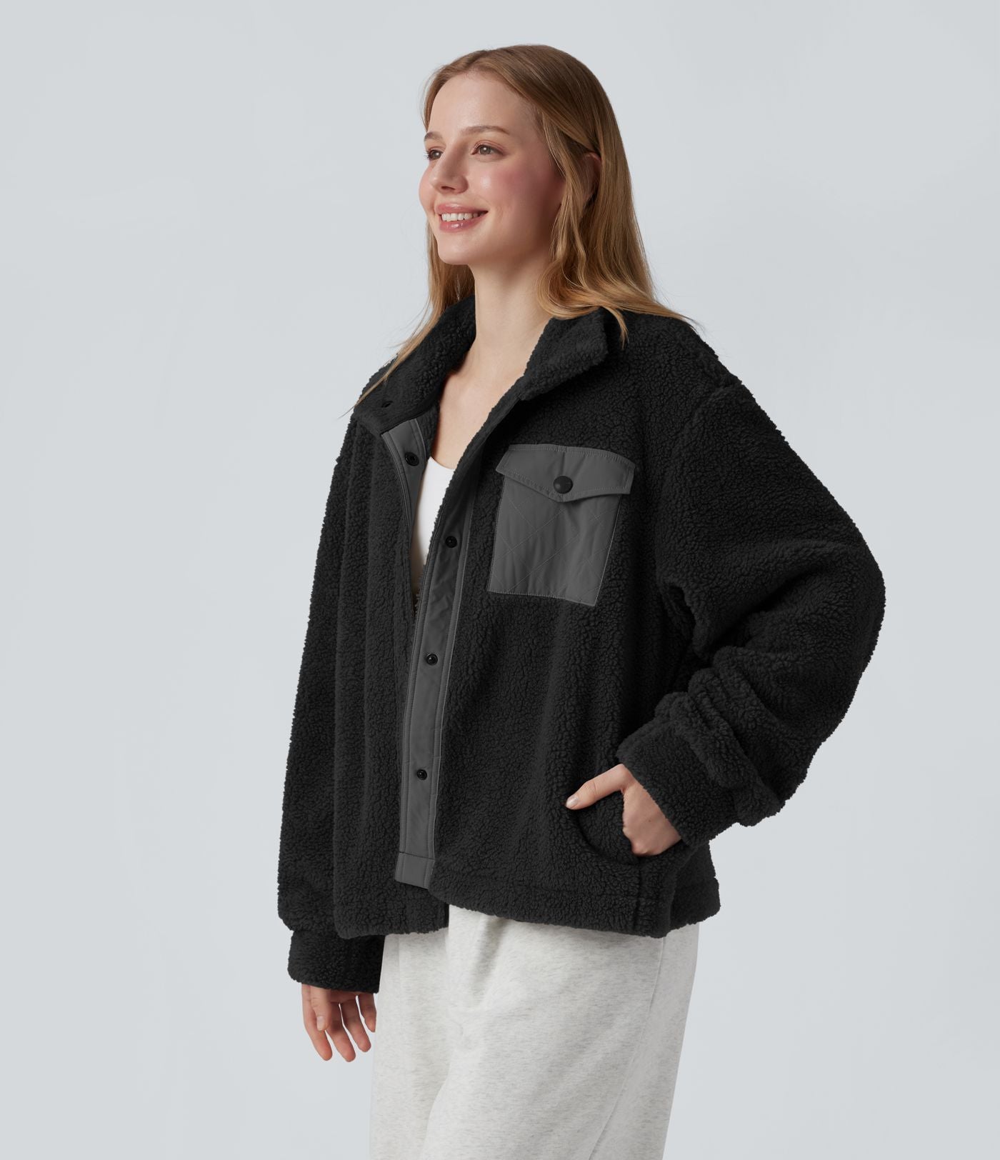Veste sherpa de randonnée col montant manches longues avec poches