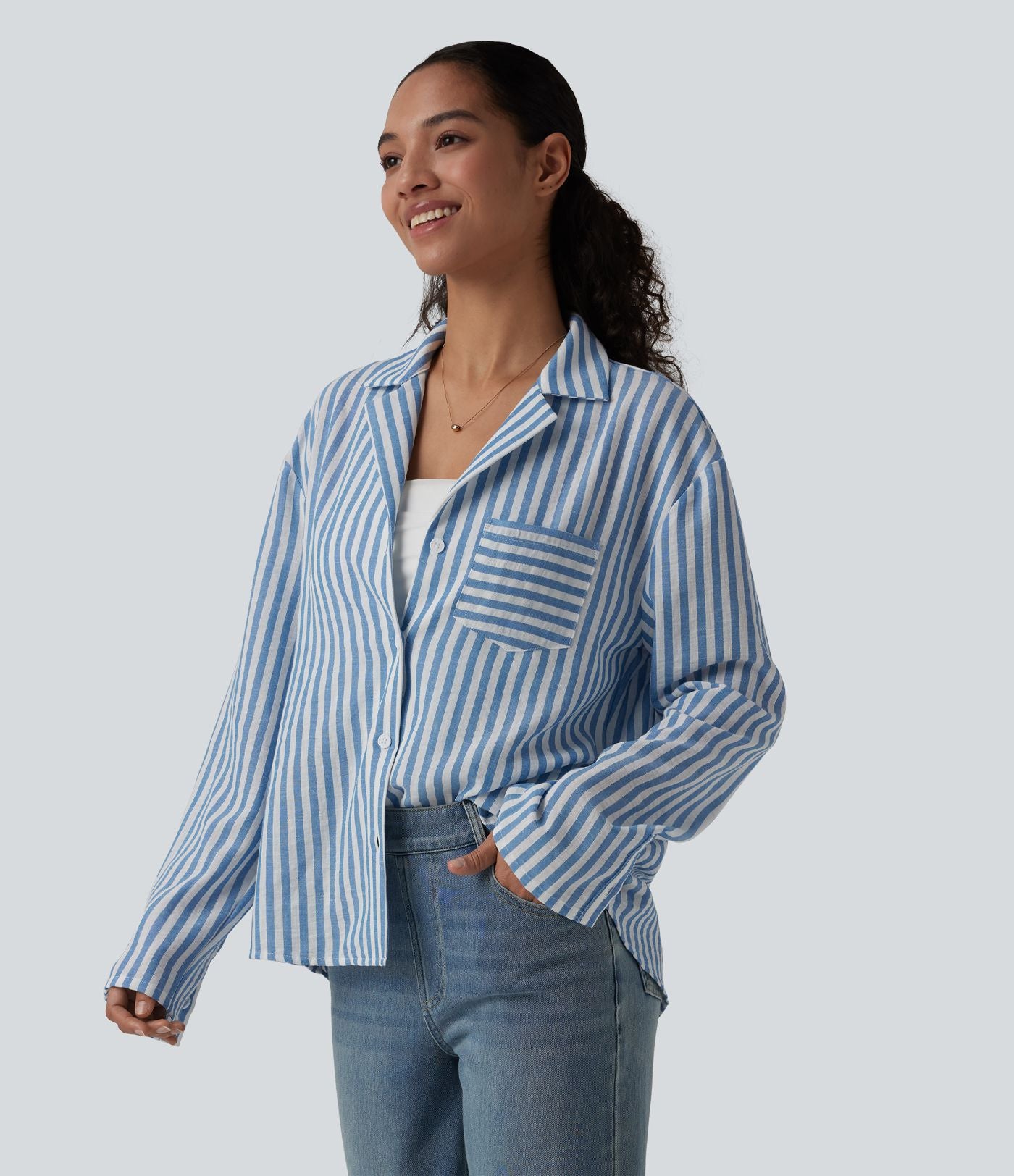 Chemise décontractée rayée col cranté manches longues aspect lin avec poche
