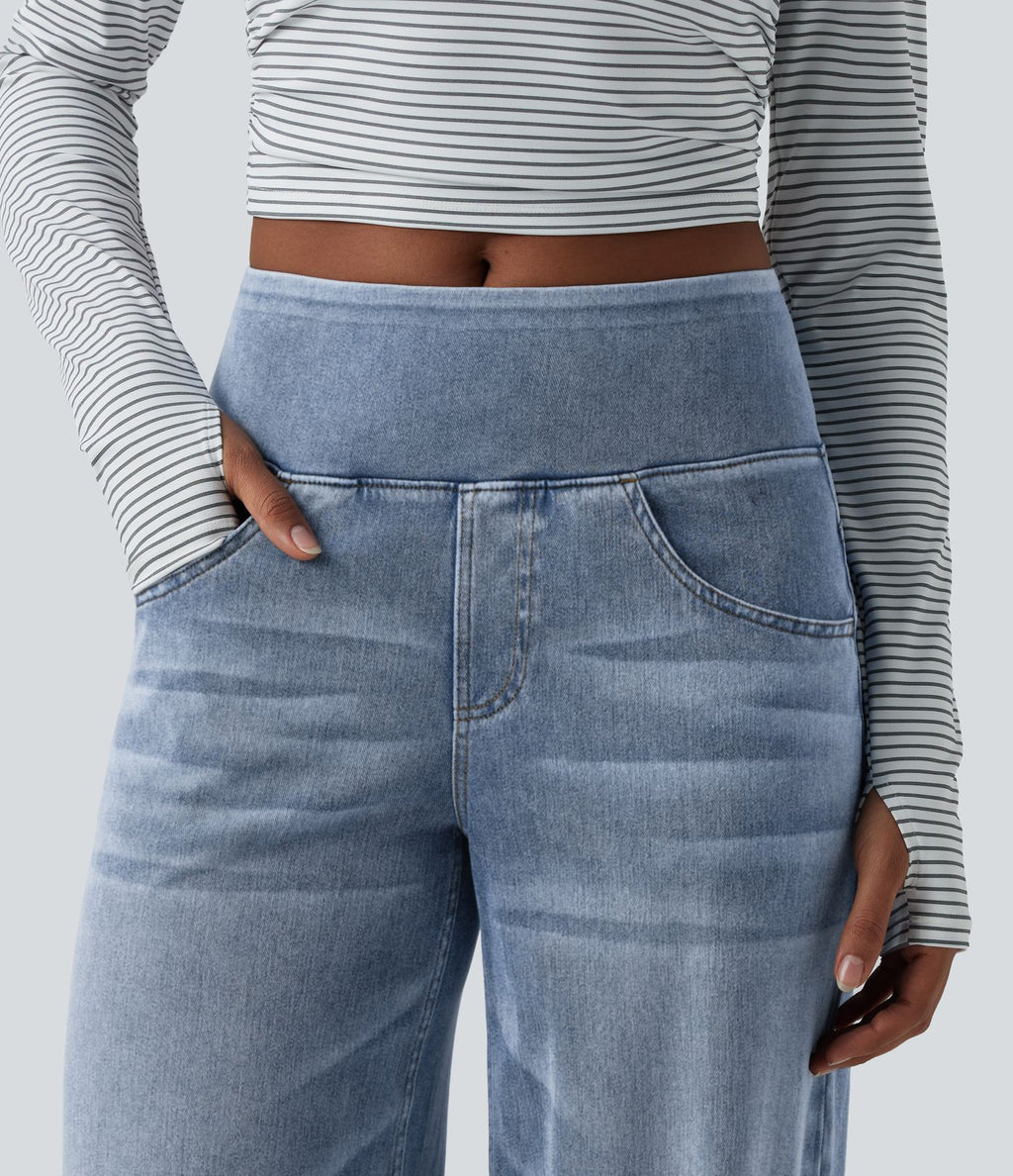 Halara Flex™ Jean large casual baggy taille mi-haute en lyocell drapé effet délavé, avec poches