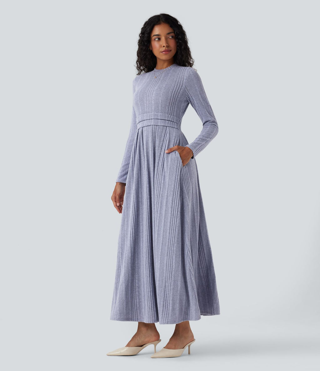 Robe maxi casual évasée col rond manches longues