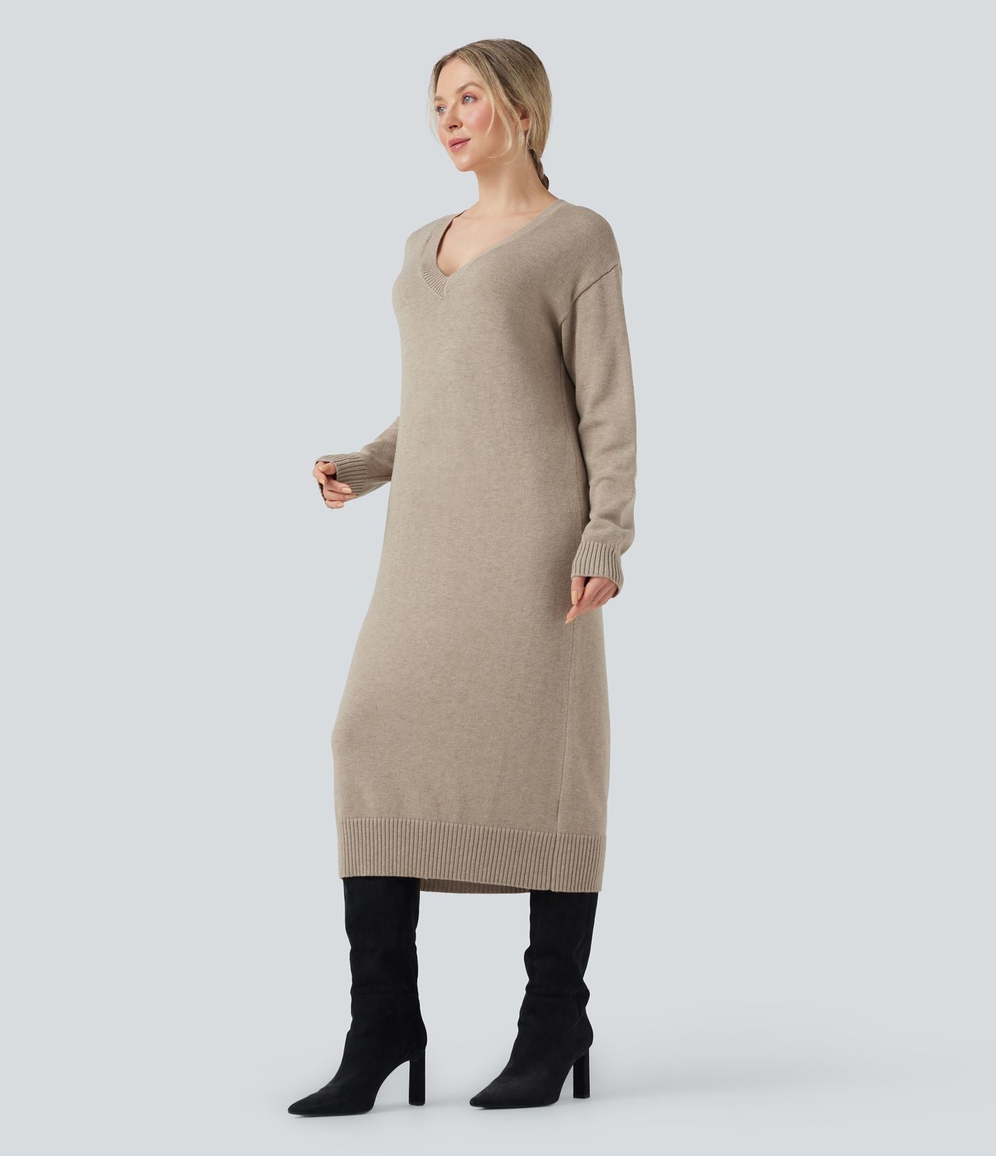 Robe pull laine mélangée col V manches longues mi-longue - réversible devant et dos