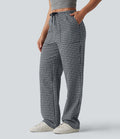 Pantalon casual coupe droite taille mi-haute vichy à cordon de serrage avec poches