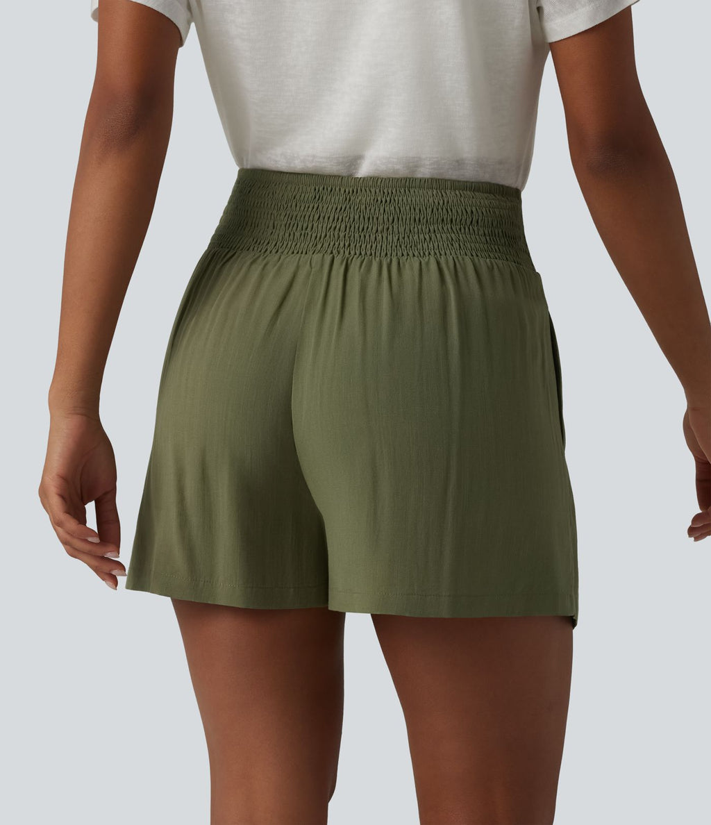 Short casual taille haute à nœud frontal froncé plissé effet lin avec poches