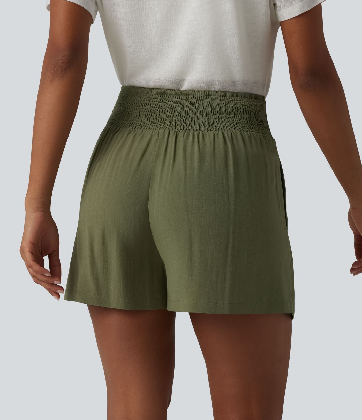 Short casual taille haute à nœud frontal froncé plissé effet lin avec poches