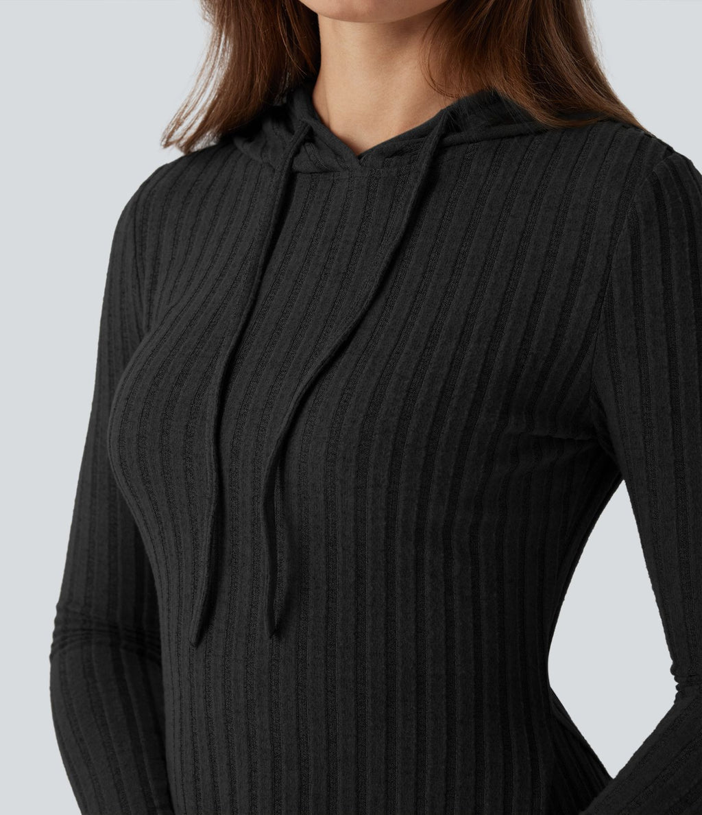 Robe décontractée mini à capuche maille côtelée manches longues avec cordon de serrage