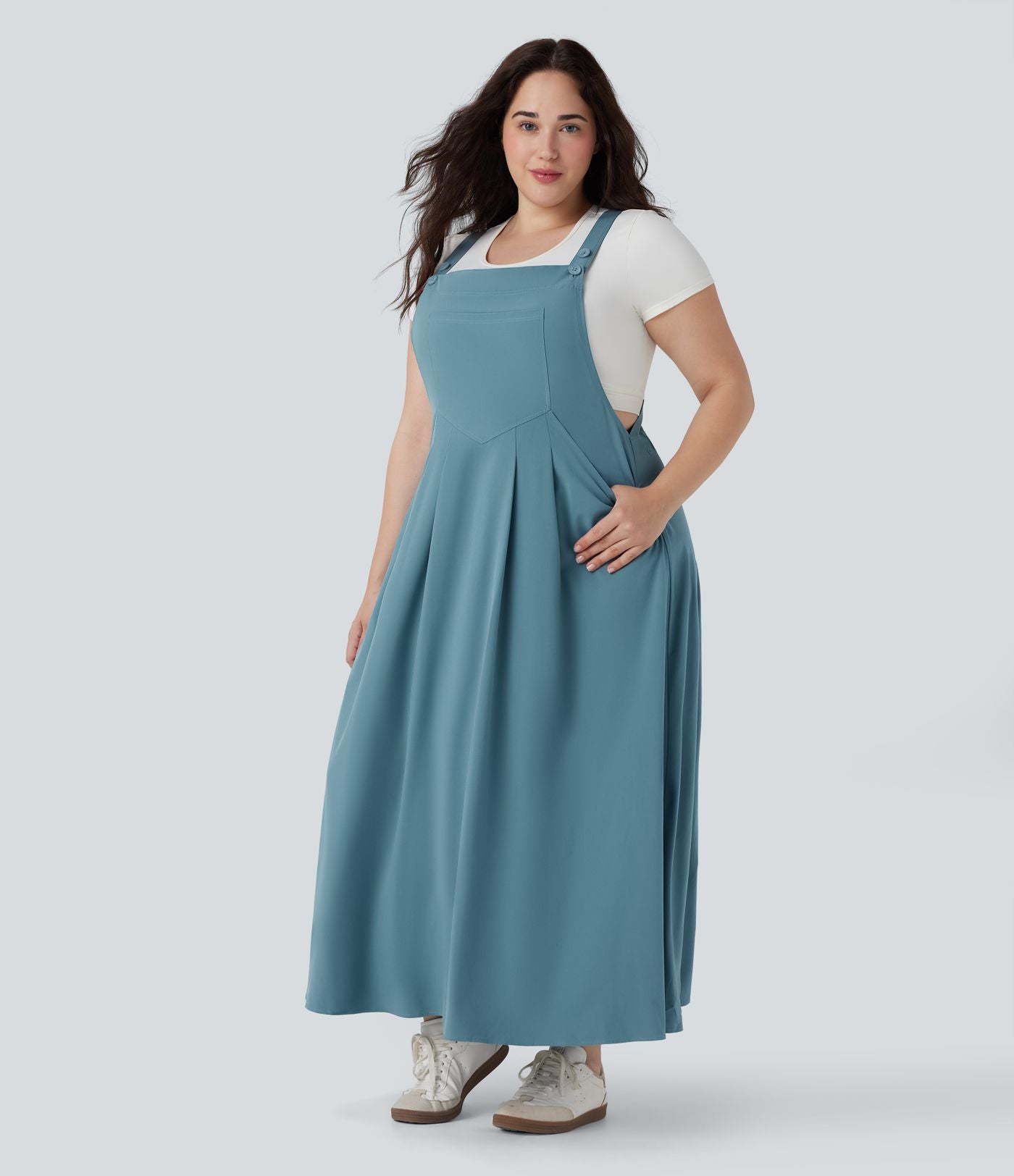 Robe chasuble décontractée grande taille mi-longue fluide à séchage rapide Breezeful™ avec bretelles ajustables boutons et poches