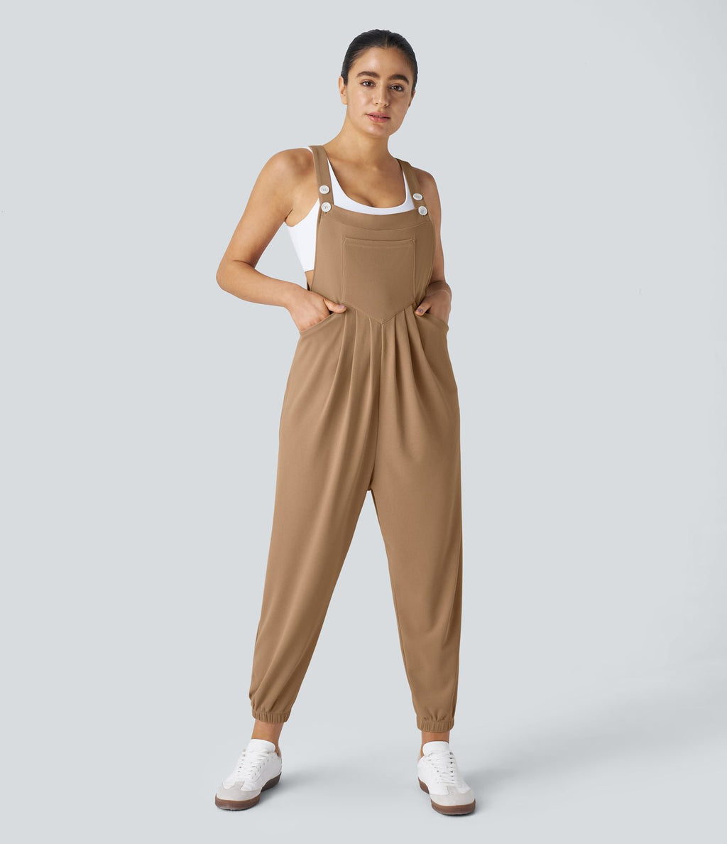 Salopette Casual Bretelles Ajustables Boutonnés Multiples Poches Plis et Tissu Gaufré