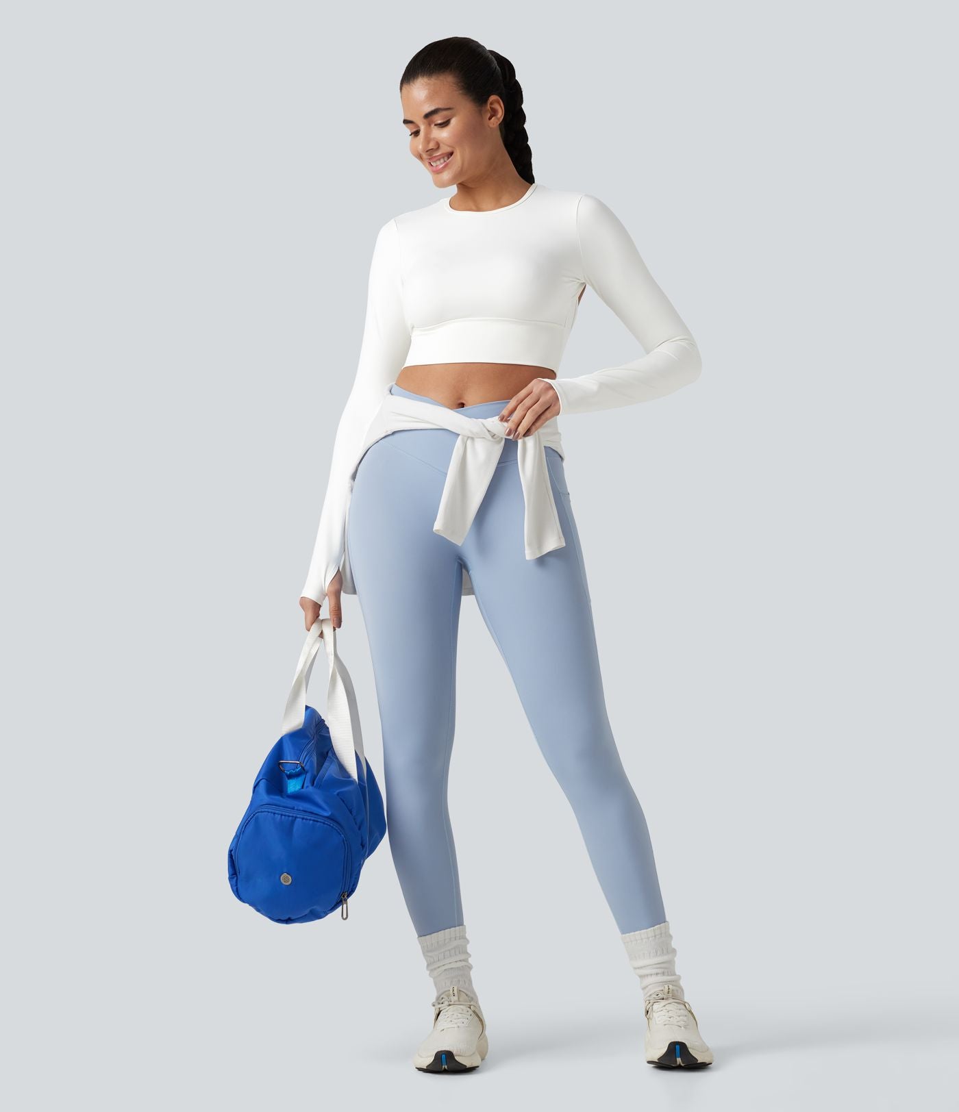 Haut de sport dos nu à manches longues avec passe-pouces, à effet frais InstantCool, séchage rapide, protection UPF50+ pour le yoga