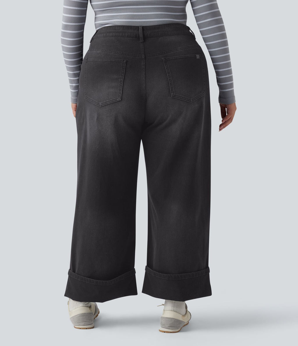 Jean casual grande taille Halara Flex™ tricot extensible délavé taille haute jambe large ourlet roulotté avec poches