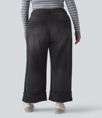 Jean casual grande taille Halara Flex™ tricot extensible délavé taille haute jambe large ourlet roulotté avec poches