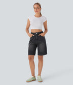 Bermuda en jean délavé Halara Flex™ taille haute à poches multiples