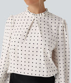 Blouse travail col montant à volants pois manches longues