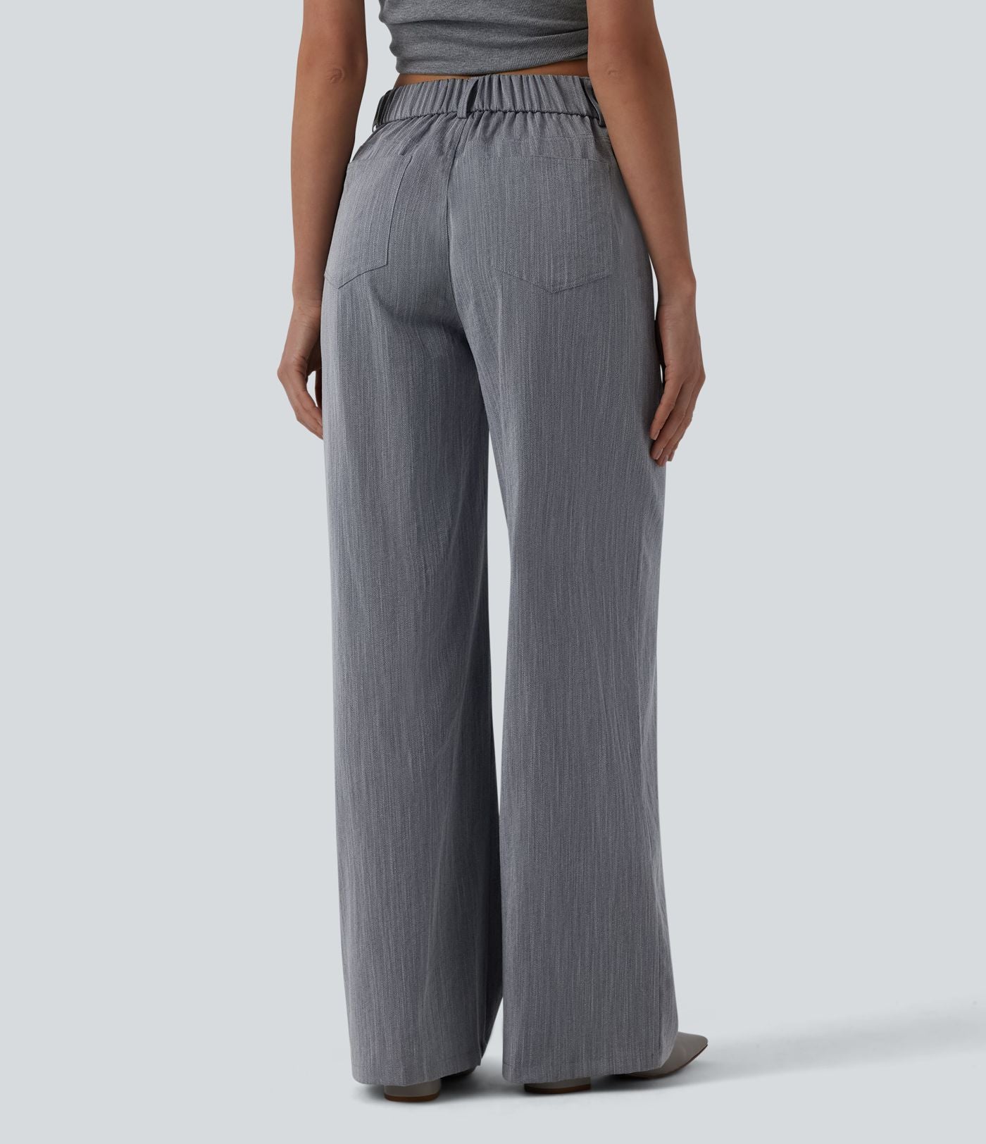 Pantalon large casual taille haute croisée aspect lin avec poches