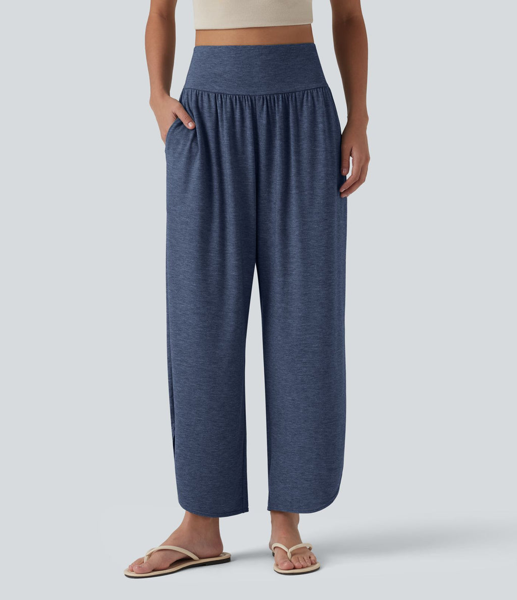 Pantalon décontracté taille haute gainant avec ourlet arrondi et poches