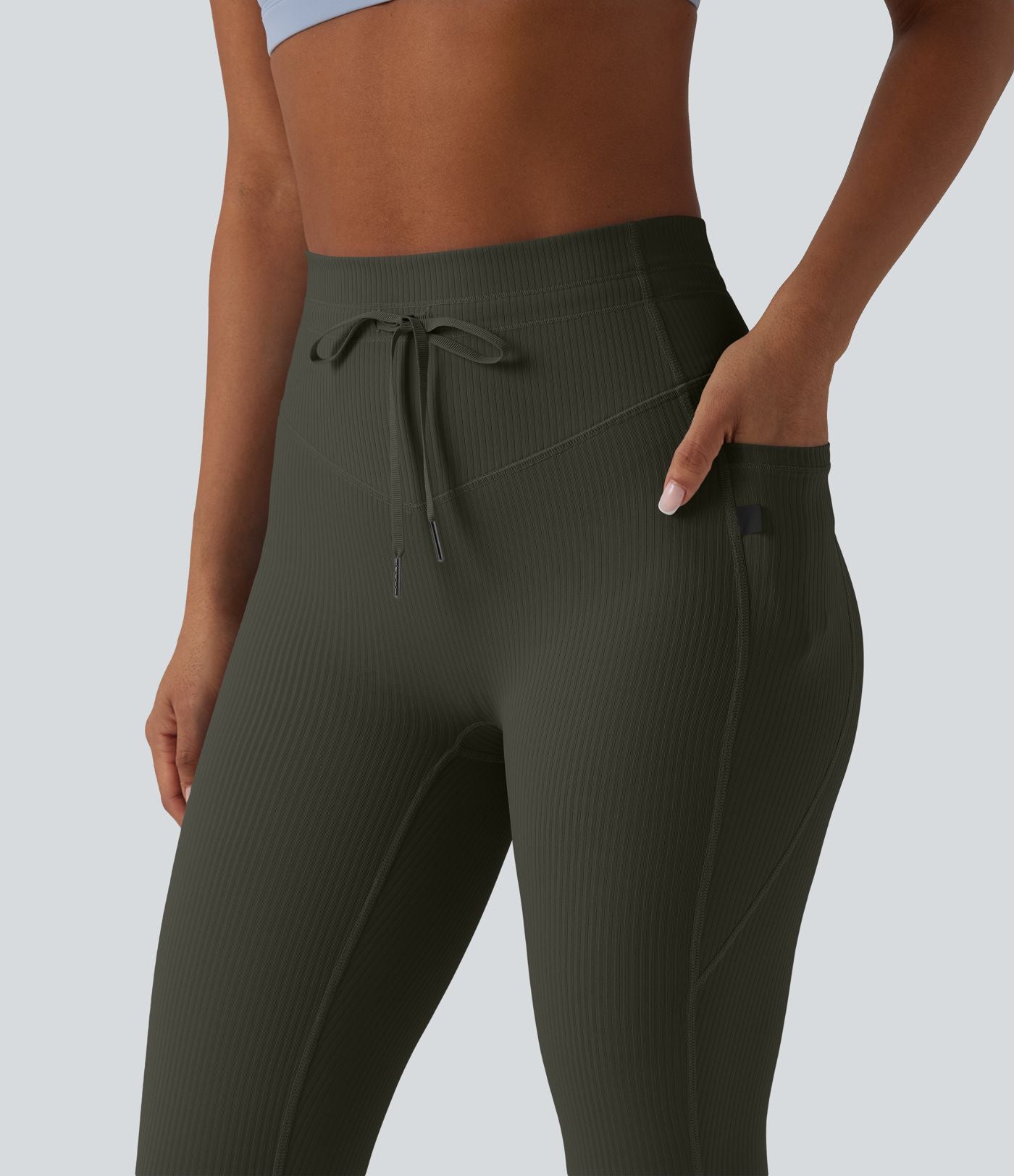 Legging de sport maille côtelée gainant à séchage rapide taille haute avec cordon de serrage et poches - UPF50+