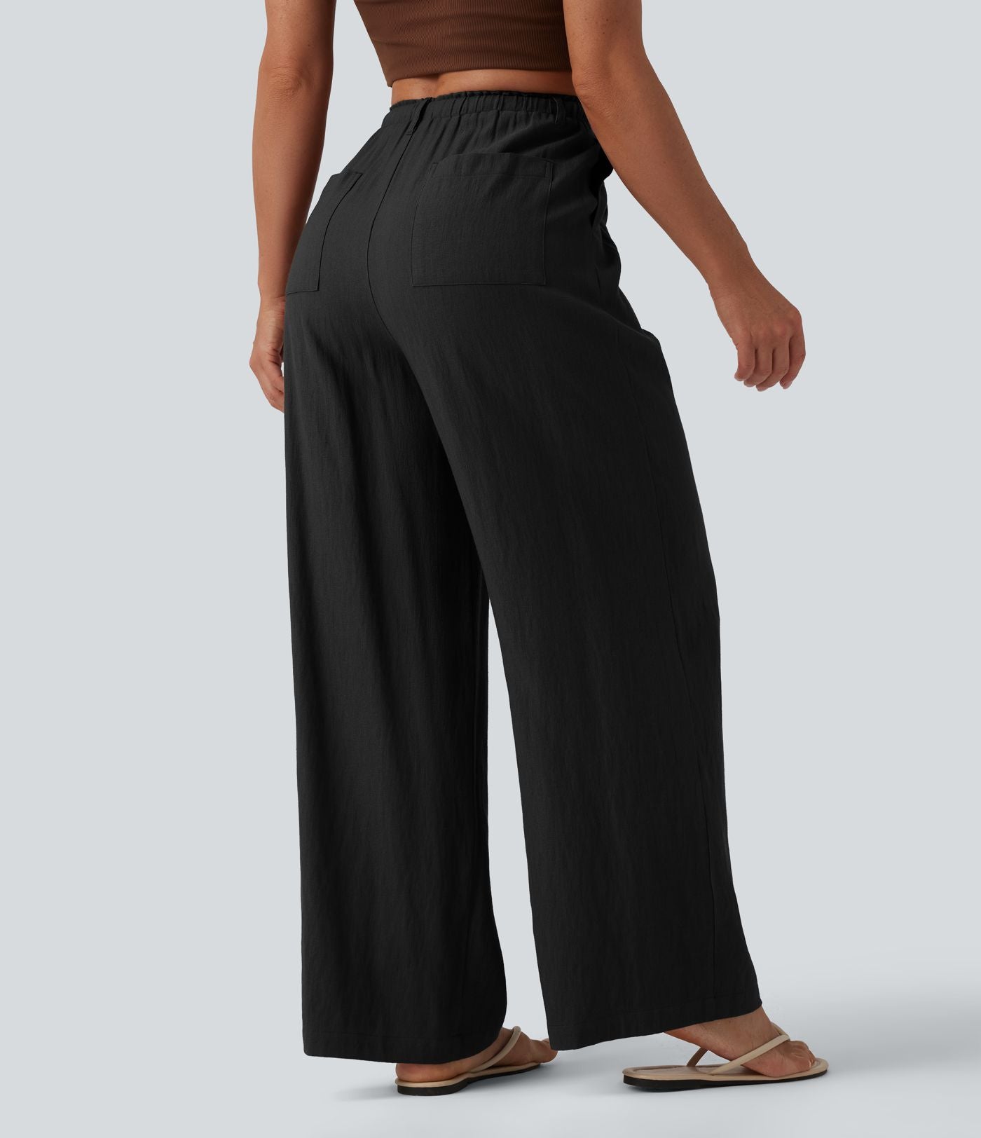 Pantalon casual ample taille haute aspect lin à cordon de serrage avec poches