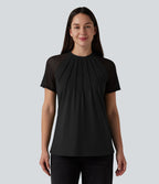 Blouse décontractée col rond manches raglan courtes avec empiècement en mesh contrasté