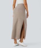 Jupe Casual Maxi à Taille Haute et Ourlet Fendu en A-Line en Côtes