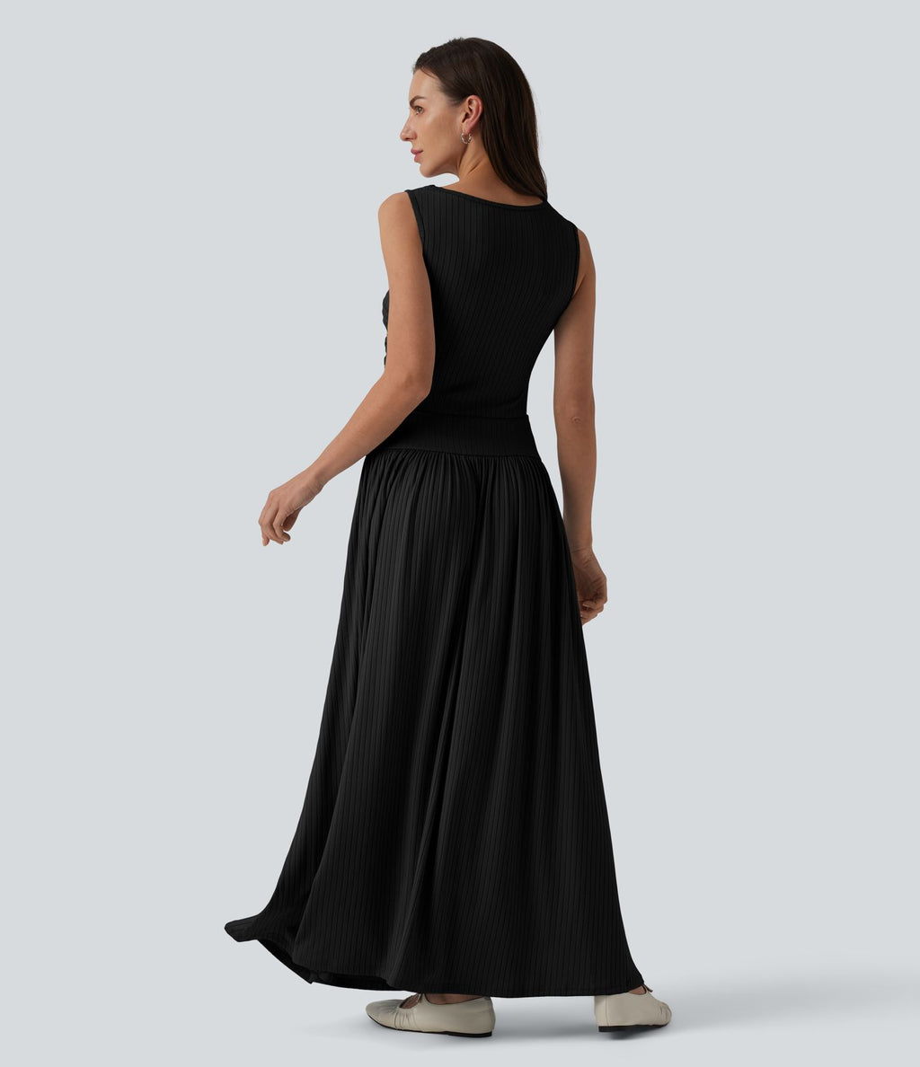 Robe longue fluide casual col bateau à bretelles asymétriques et fronces en maille côtelée avec poches
