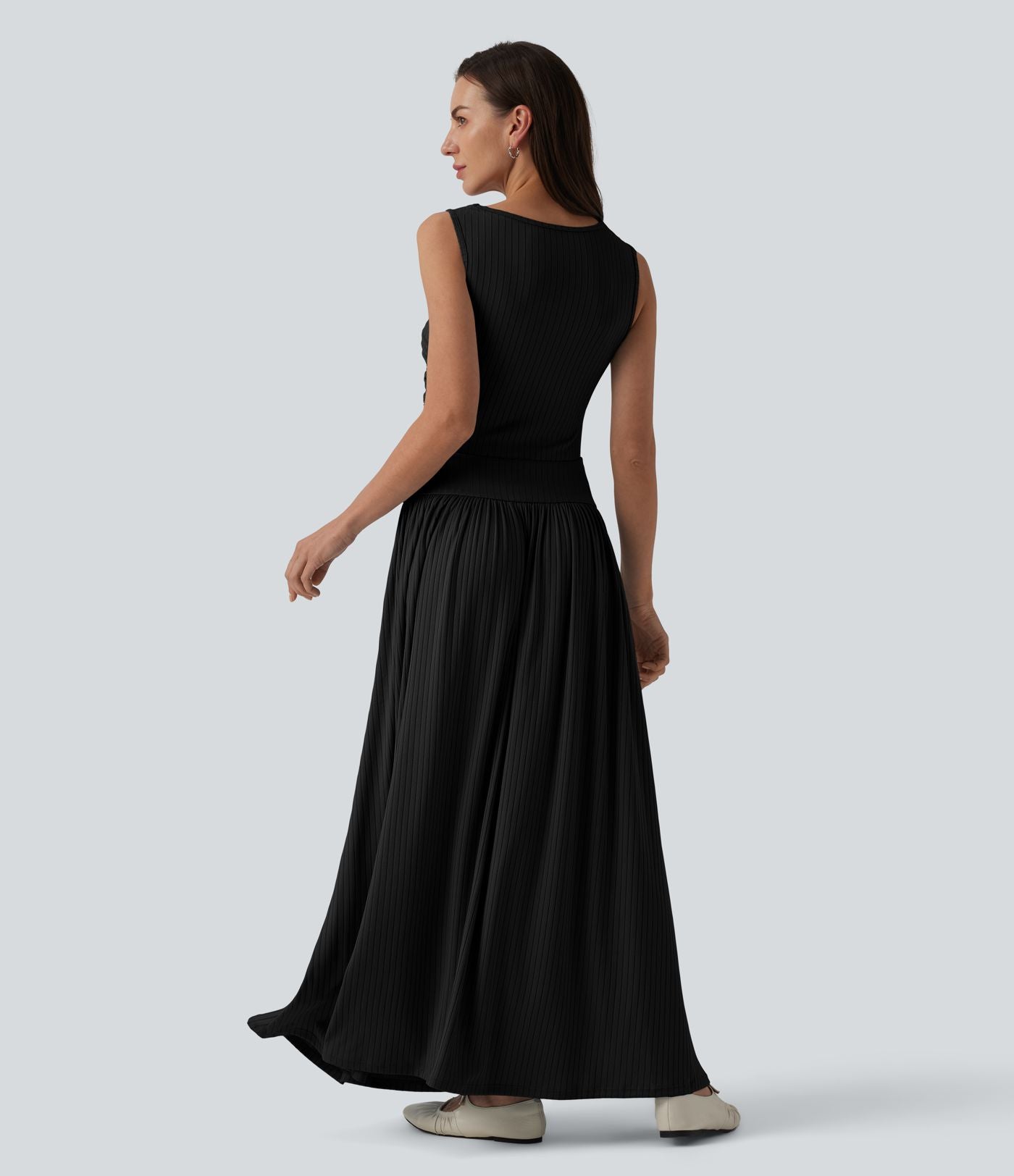 Robe longue fluide casual col bateau à bretelles asymétriques et fronces en maille côtelée avec poches