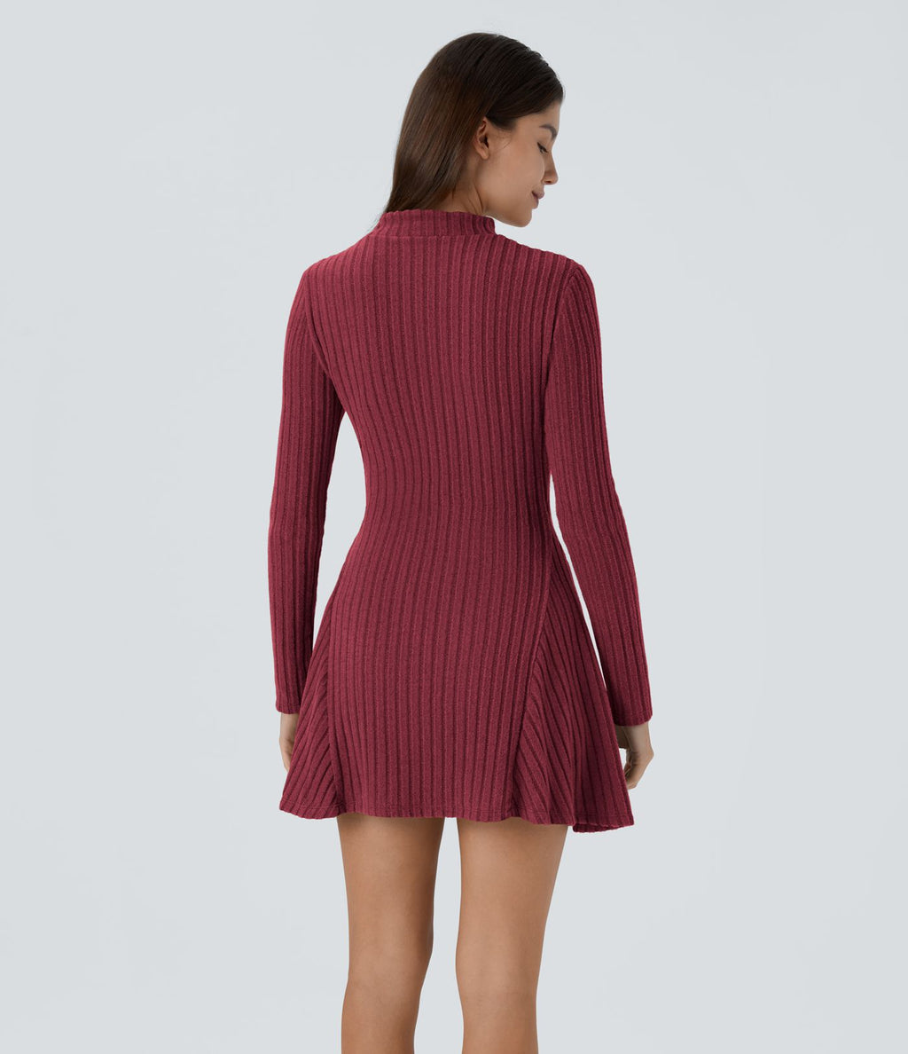 Robe de courte décontractée en maille côtelée à col montant et manches longues