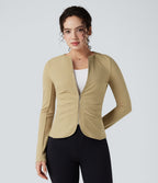 Blazer de travail col rond froncé zippé à manches longues