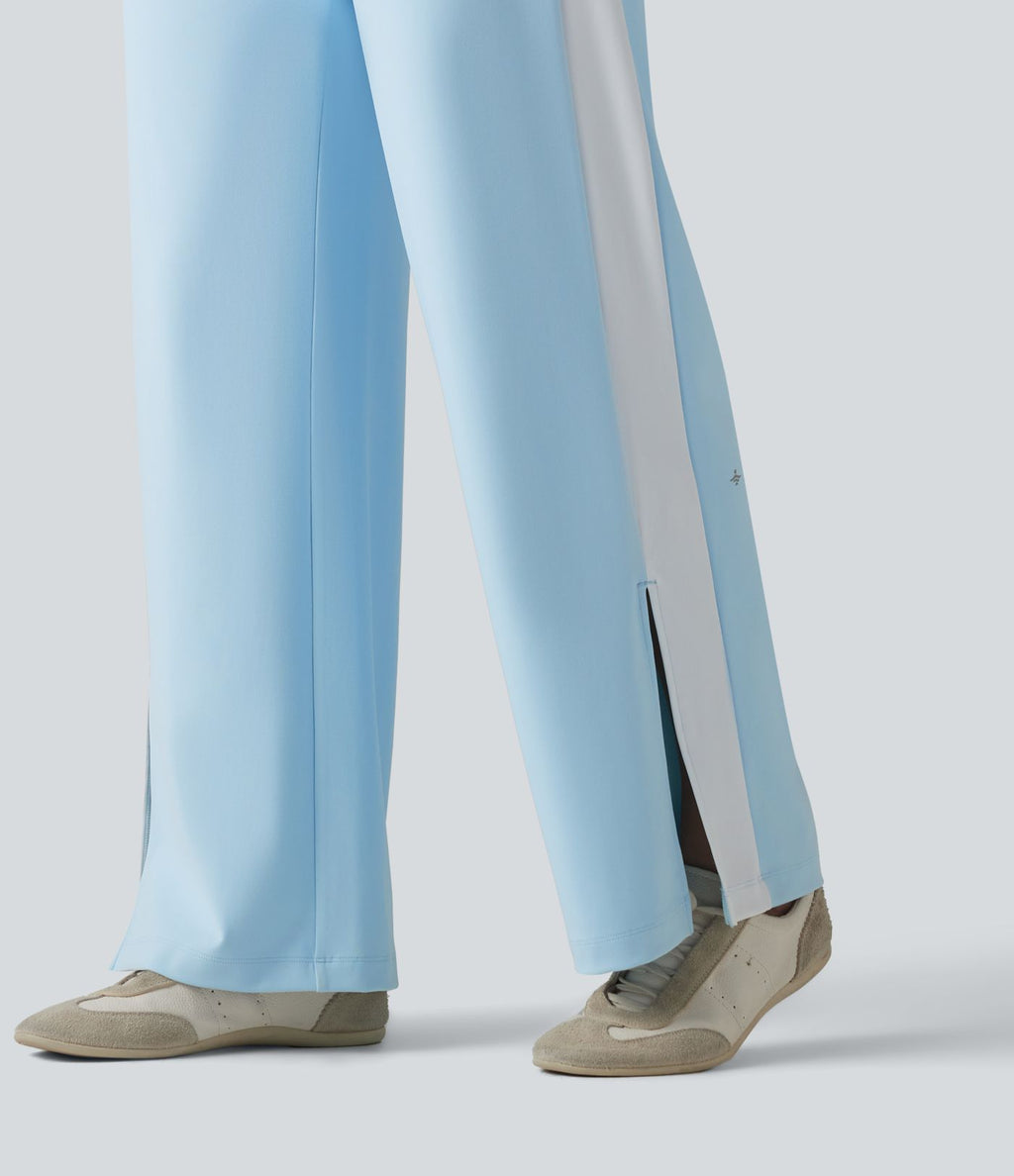 DayStretch Pantalon droit de yoga taille haute cordon de serrage rayures color block fentes latérales avec poches