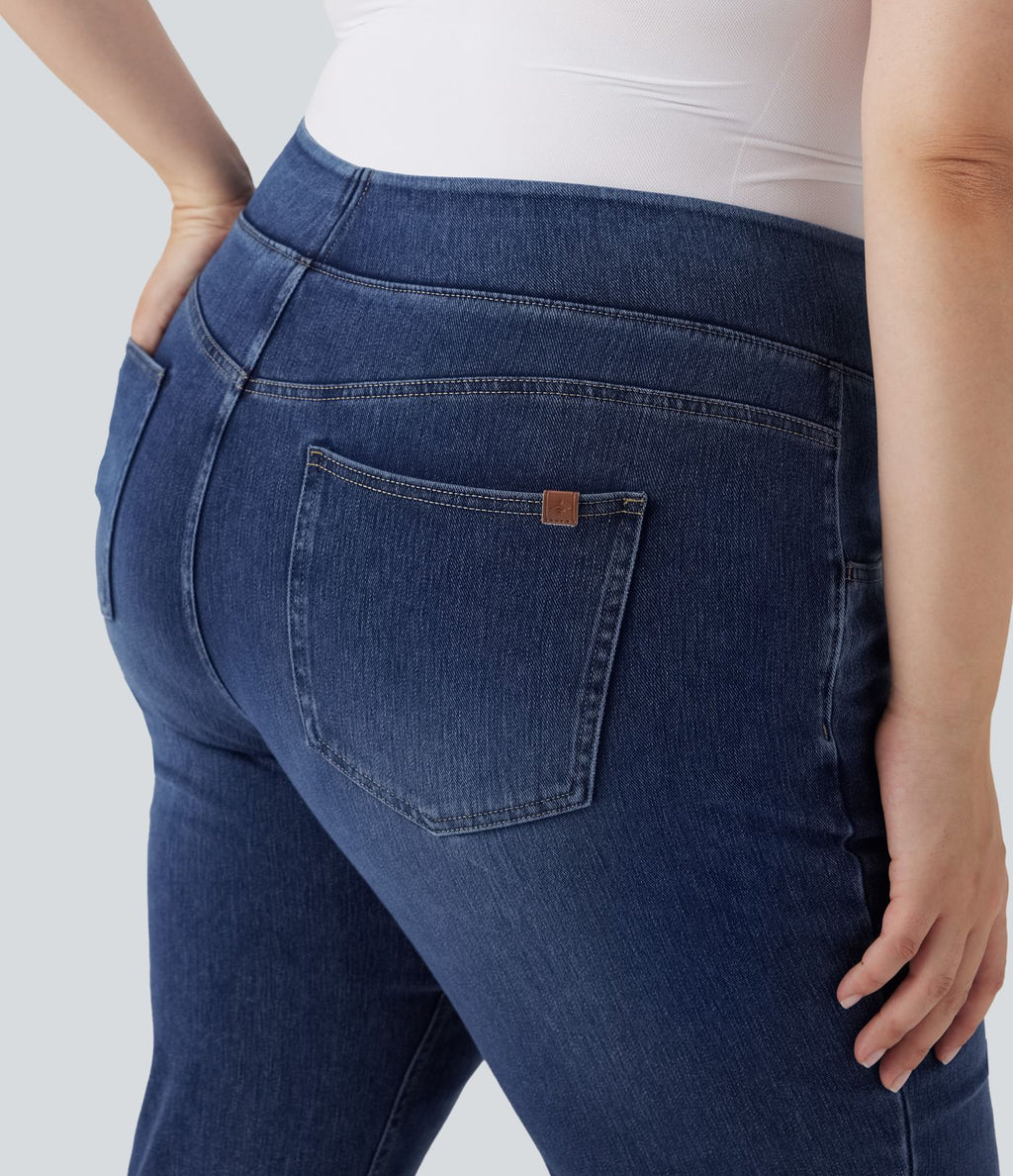 Jean décontracté Halara Flex™ grande taille bootcut taille haute en maille extensible délavée avec multiples poches