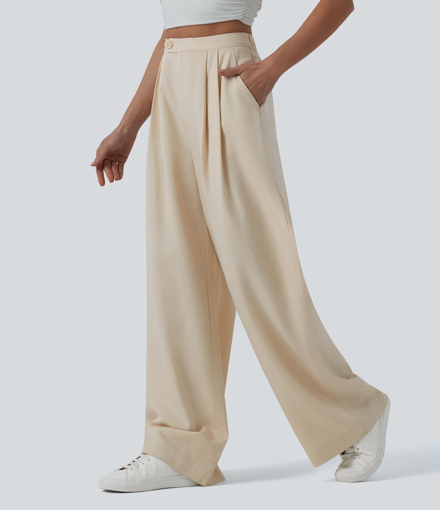 Pantalon large fluide casual taille haute plissé drapé en lin avec poches