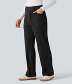 Pantalon décontracté droit taille haute en velours côtelé avec poches