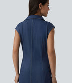 Halara Flex™ Robe décontractée en jean midi col V sans manches froncée avec boutonnière
