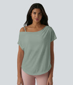 Top de yoga à une épaule, manches courtes, ourlet asymétrique et soutien-gorge intégré à séchage rapide