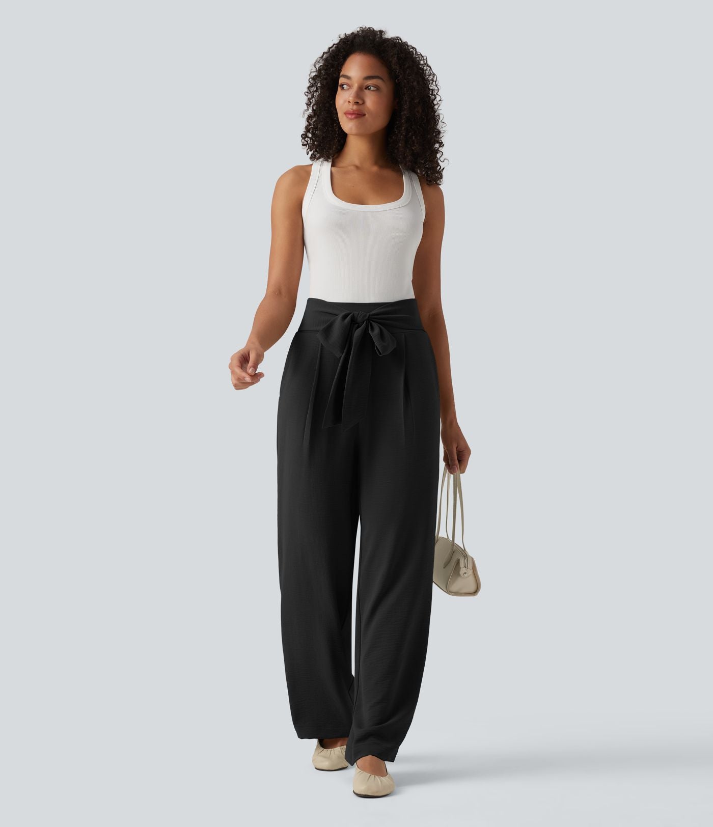 Pantalon droit décontracté aspect lin taille haute à nouer devant avec poches