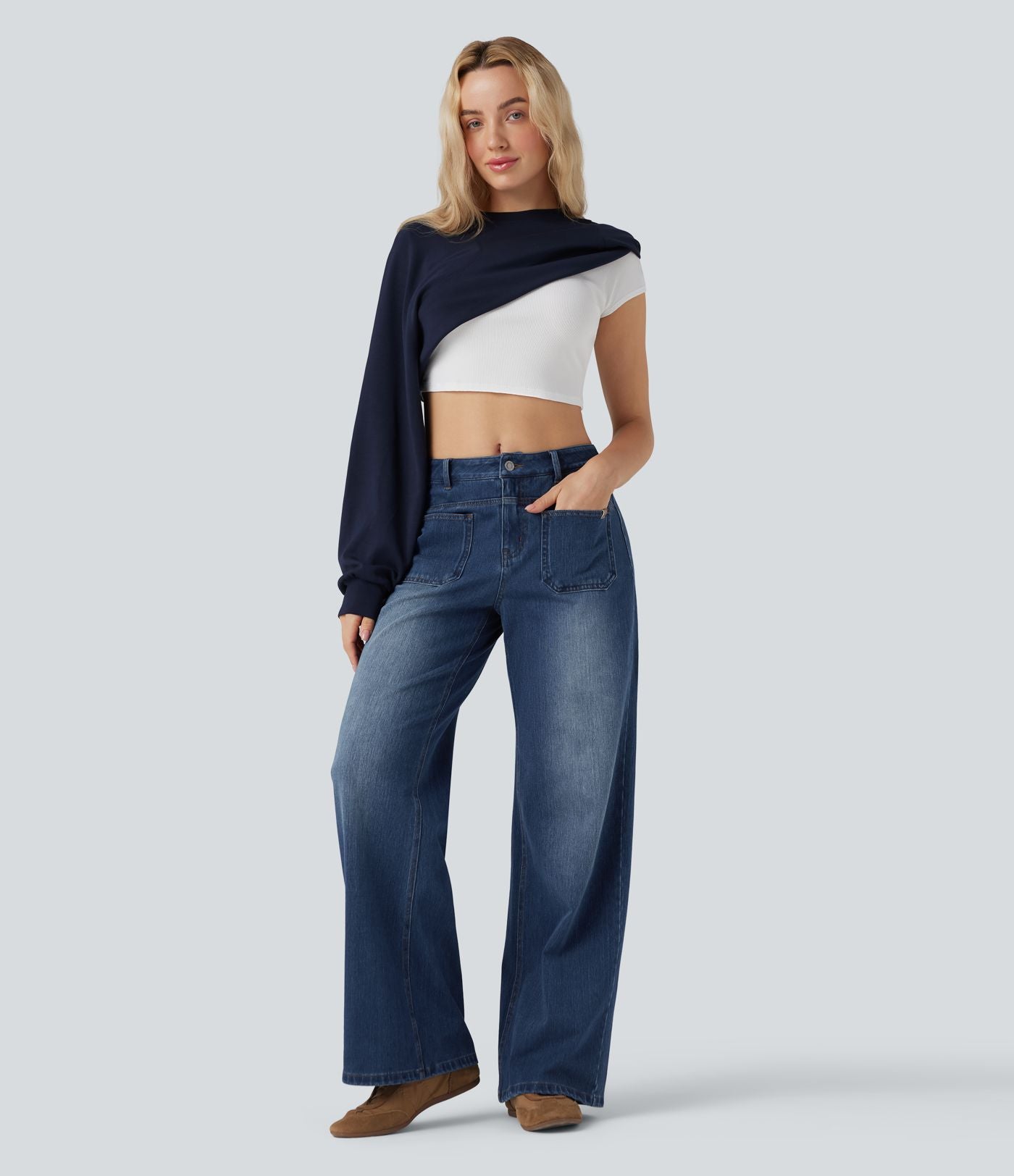 Jean large délavé Halara Flex™ taille mi-haute avec poches