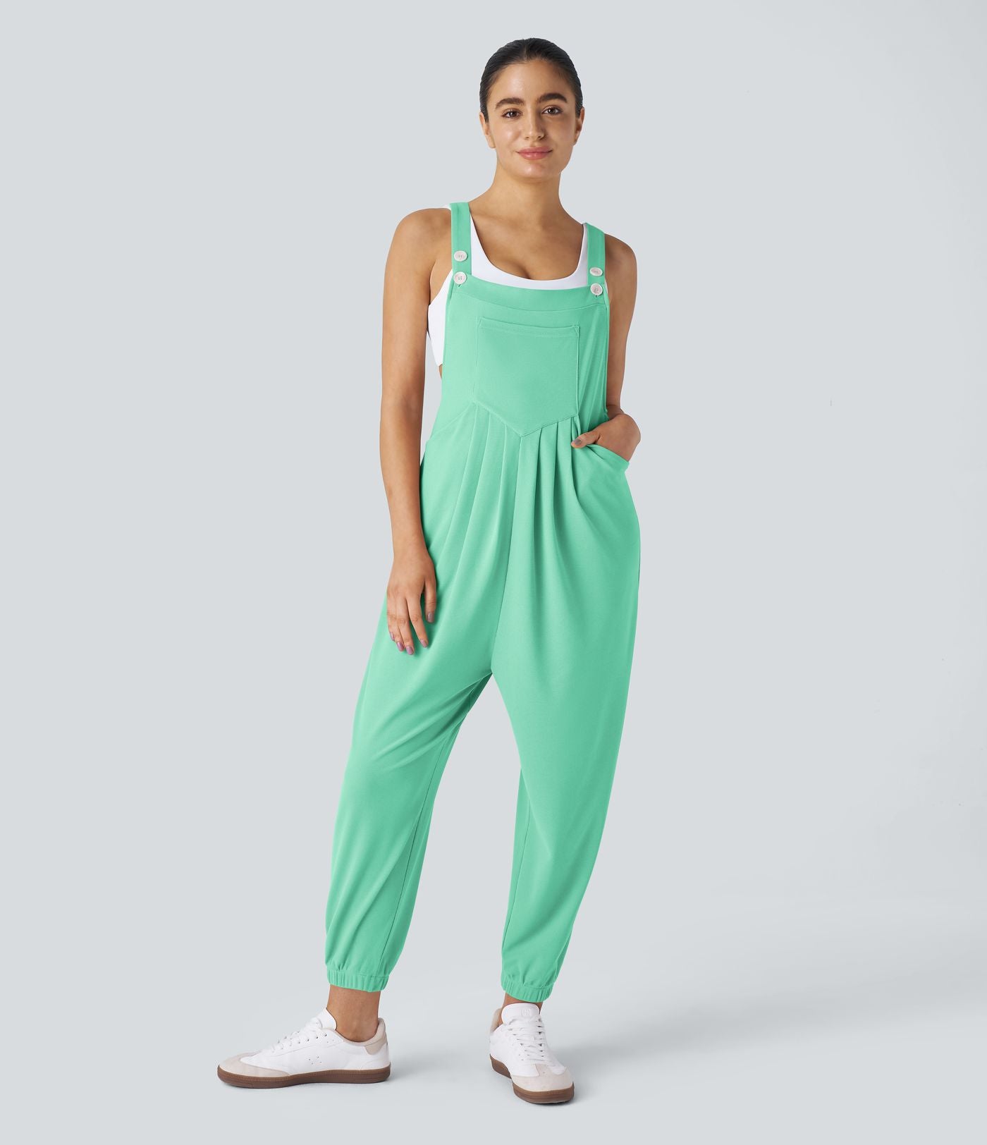 Salopette Casual Bretelles Ajustables Boutonnés Multiples Poches Plis et Tissu Gaufré