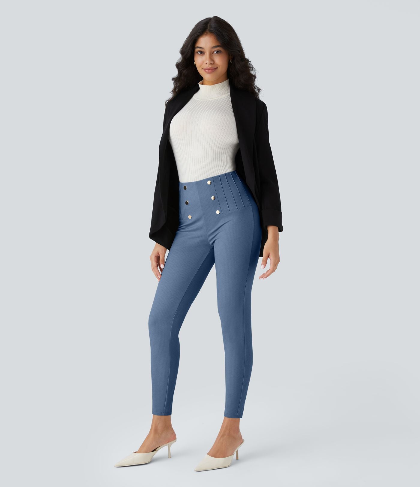 Pantalon tailleur skinny gainant taille haute à chevrons avec poches arrière zippées décoratives